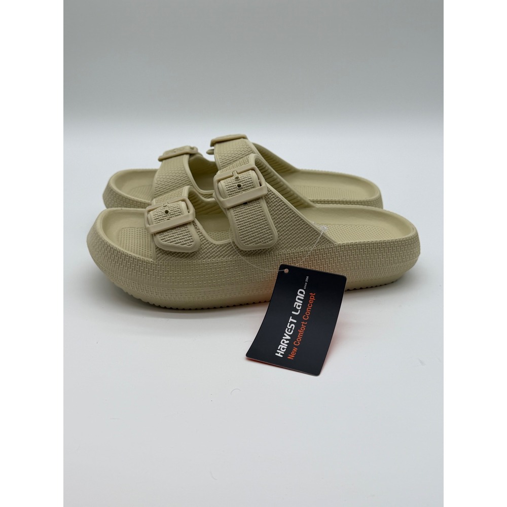 Harvest Land Womens Cloud Slides Platform Double Buckle Sandals Beige Tan Size 6